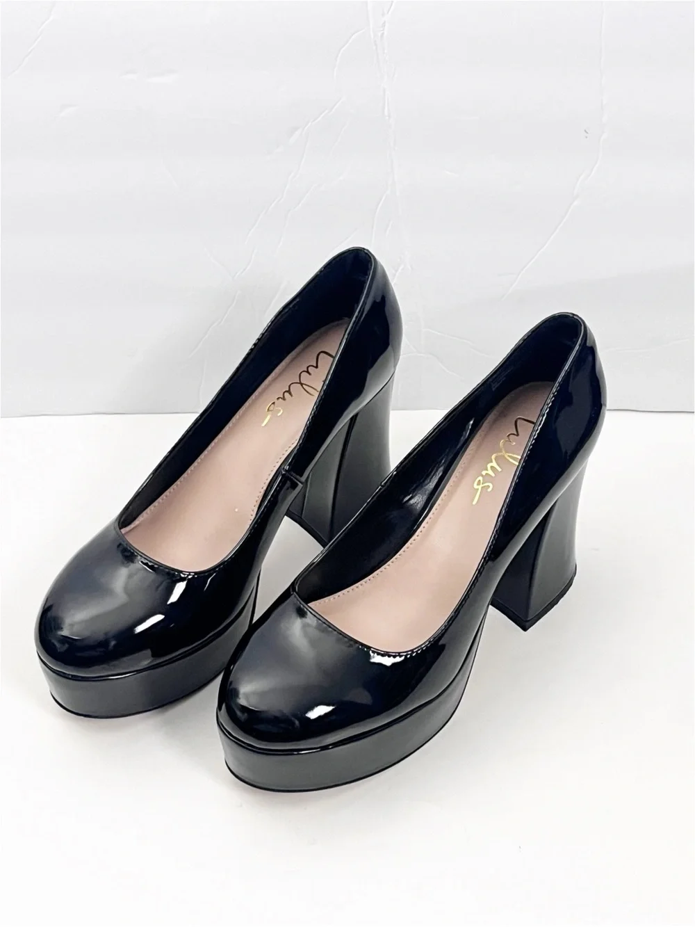 LULUS Joanah Black Patent Leather Round Toe Chunky Platform Block Heels Size 9